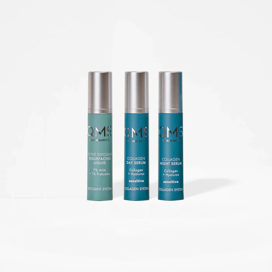 QMS Care System Collagen + Exfoliant Set sensitive TRAVEL 3×7ml